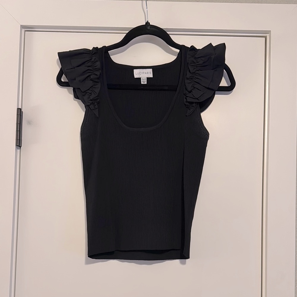 Lucy Paris Black Fitted Sleeveless Blouse with Ruffles